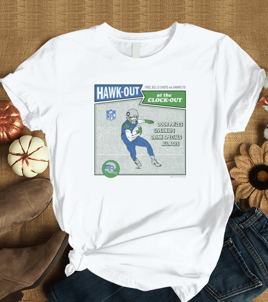 Hawk-Out at the Clock-Out Free Jell-O Shots on Hawks TD Door Prizes Giveaways NFL T-Shirt