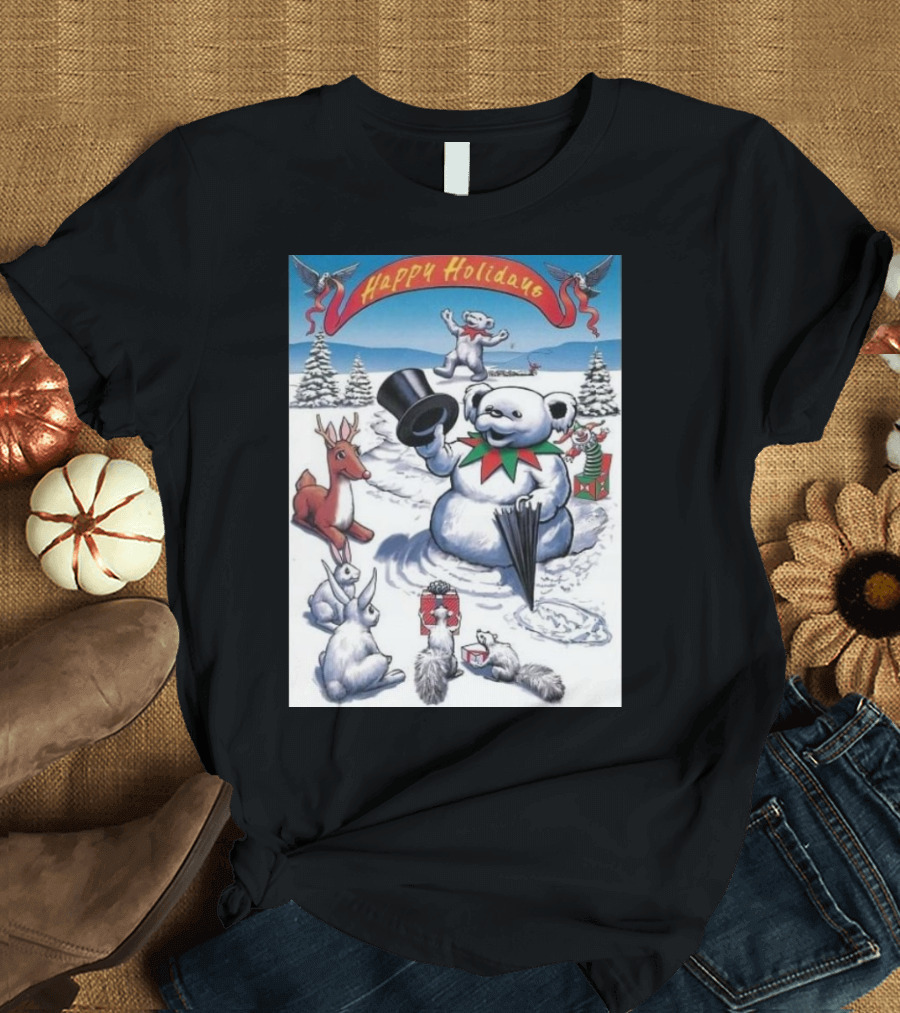 Grateful Dead Happy Holidays Snowman Bear with Animals and Snowy Landscape T-Shirt