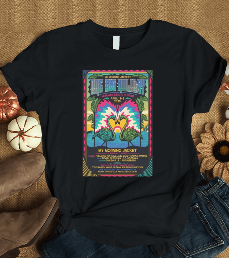 My Morning Jacket One Big Holiday 2025 Miramar Beach April 3-5 Flamingo Palm Trees Retro Sunburst T-Shirt