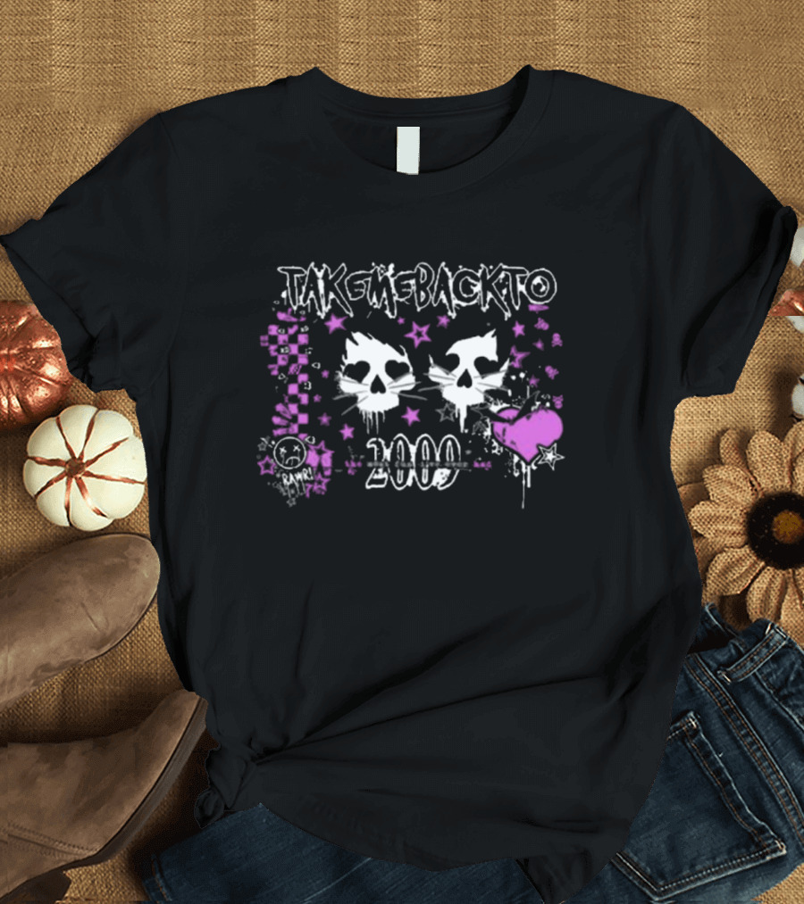 Take Me Back to 2009 Emo Punk Cats Purple Stars Heart Ramen Skulls T-Shirt