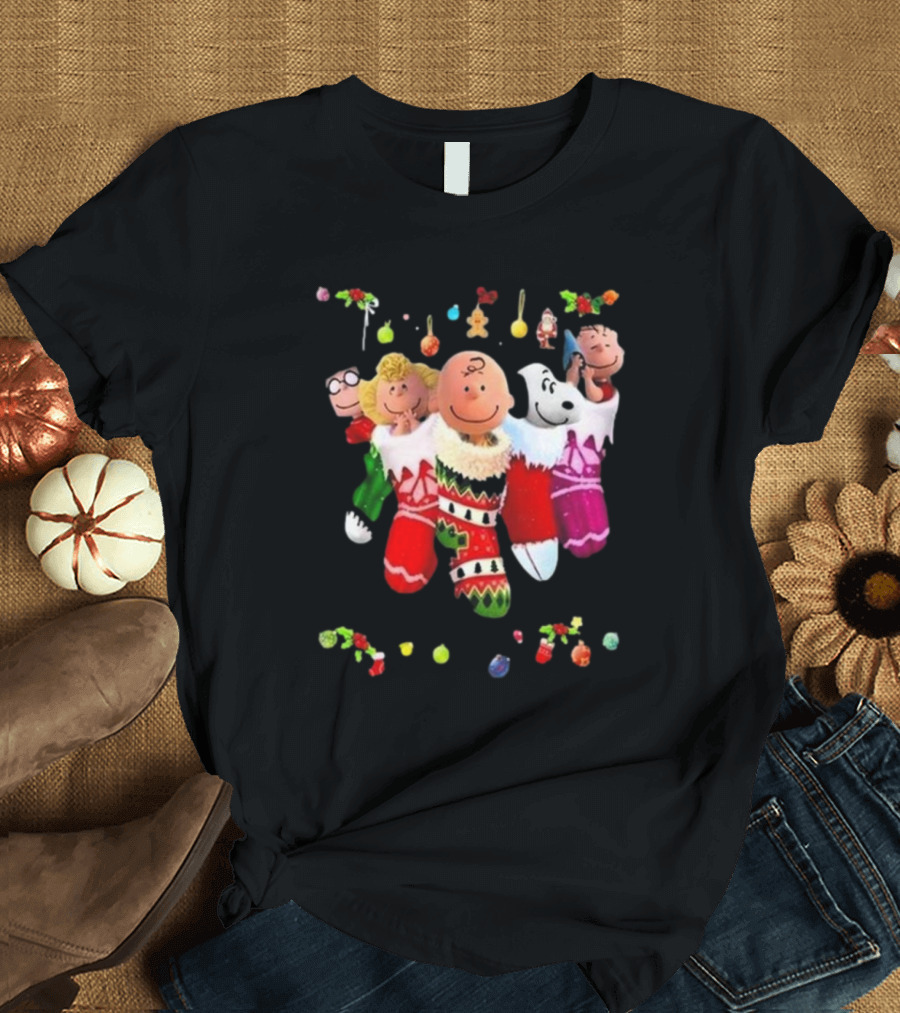 Peanuts Snoopy Charlie Brown Christmas Stockings Santa Claus Friends Holiday Cheer T-Shirt