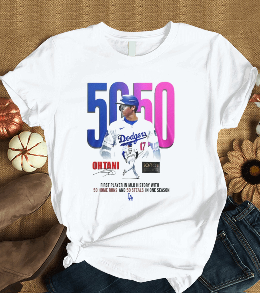 Los Angeles Dodgers Shohei Ohtani 50/50 First Player in MLB History with 50 Home Runs and 50 Steals in One Season T-Shirt