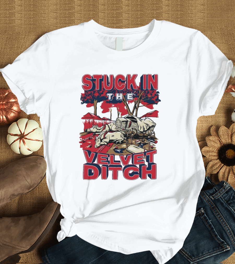Stuck In The Velvet Ditch Ole Miss Rebels Wagon Red Blue Trees T-Shirt