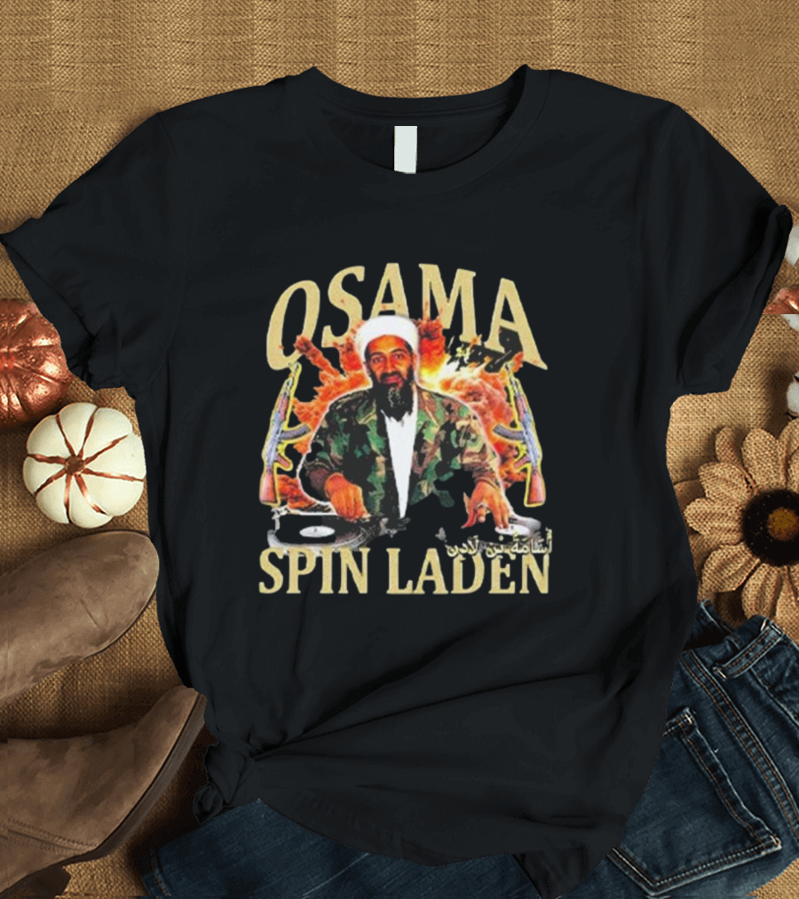Osama Spin Laden DJ Guns Arabic Text T-Shirt