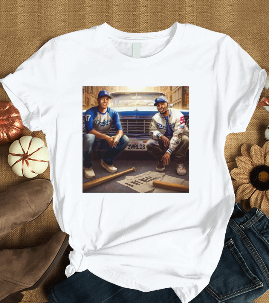 Shohei Ohtani and Mookie Betts Dodgers 2 Worlds California License Plate Baseball Street Scene T-Shirt