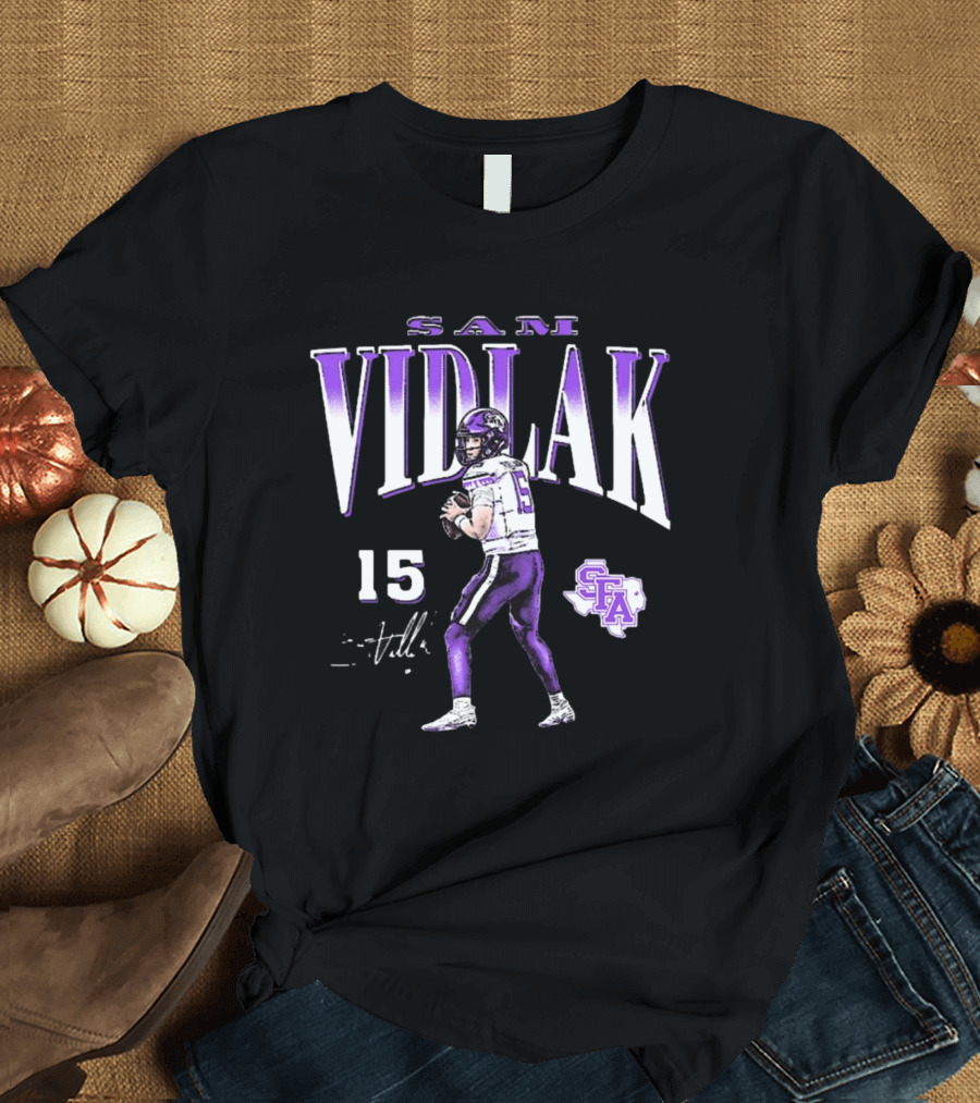 Sam Vidlak 15 SFA Stephen F. Austin Lumberjacks Football Cartoon Signature T-Shirt