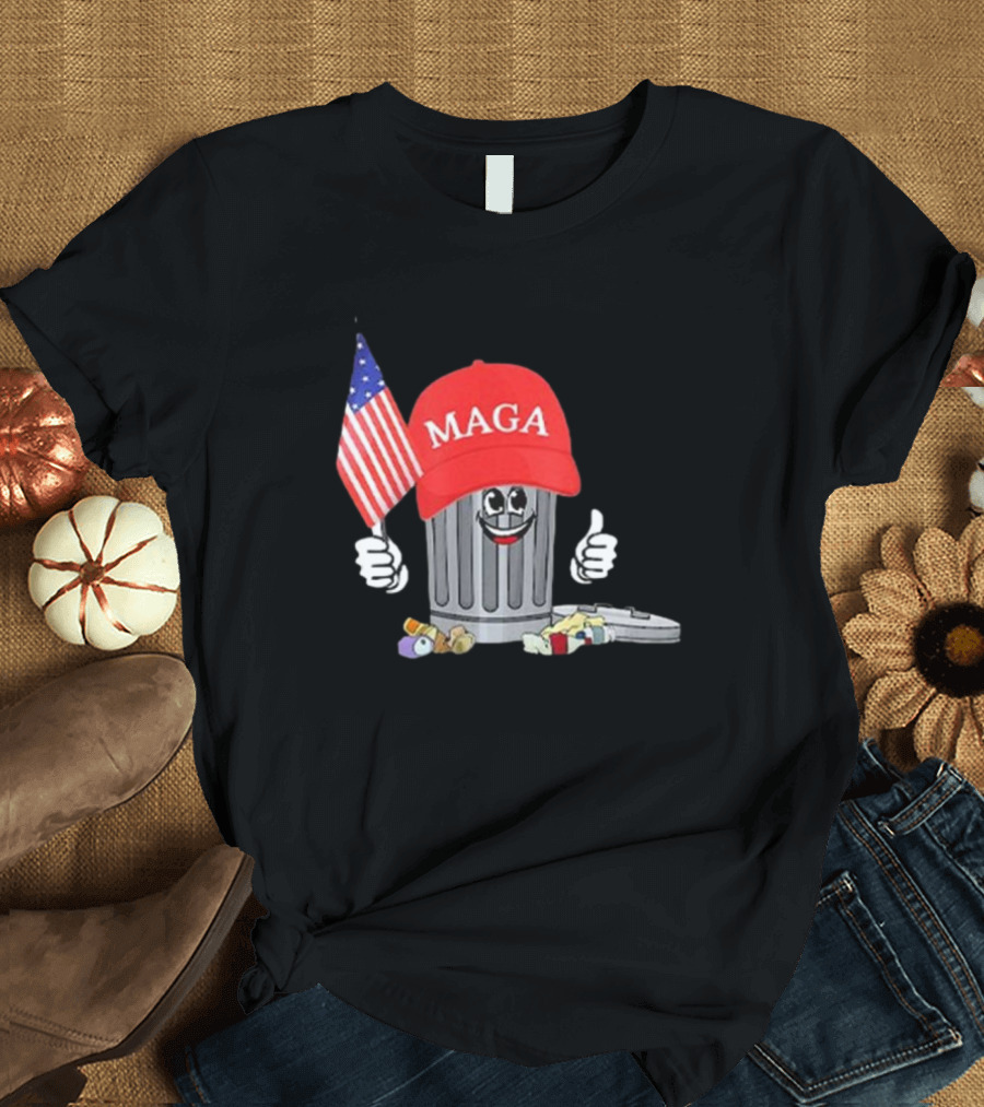 MAGA Hat Wearing Garbage Can Giving Thumbs Up Holding American Flag T-Shirt