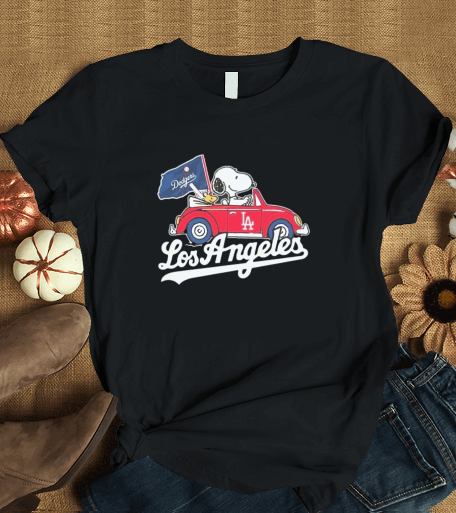 Snoopy Woodstock Driving Car Los Angeles Dodgers Flag T-Shirt