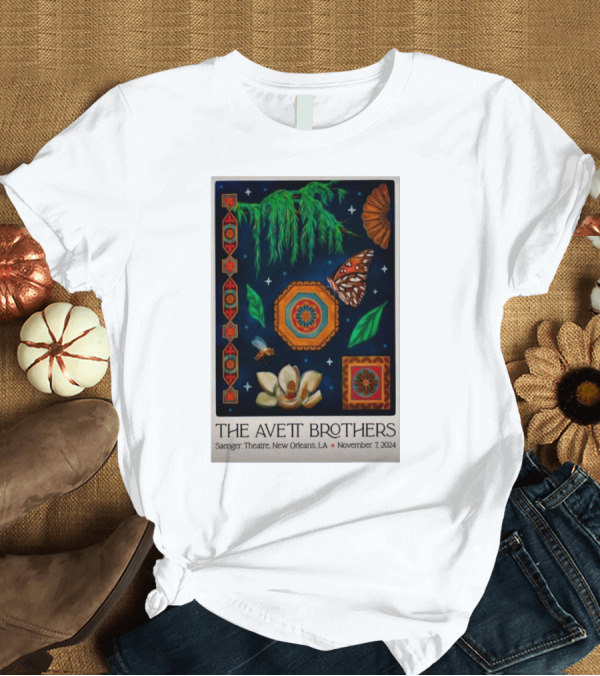T-Shirt: The Avett Brothers Saenger Theatre New Orleans November 7 2024 Tour Poster with Butterfly and Magnolia Elements T-Shirt The Avett Brothers Saenger Theatre New Orleans November 7 2024 Tour Poster with Butterfly and Magnolia Elements T-Shirt