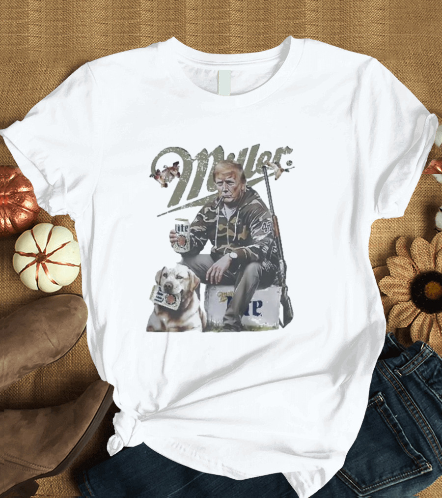 Miller Lite Trump Hunter with Dog and Hunting Rifle T-Shirt