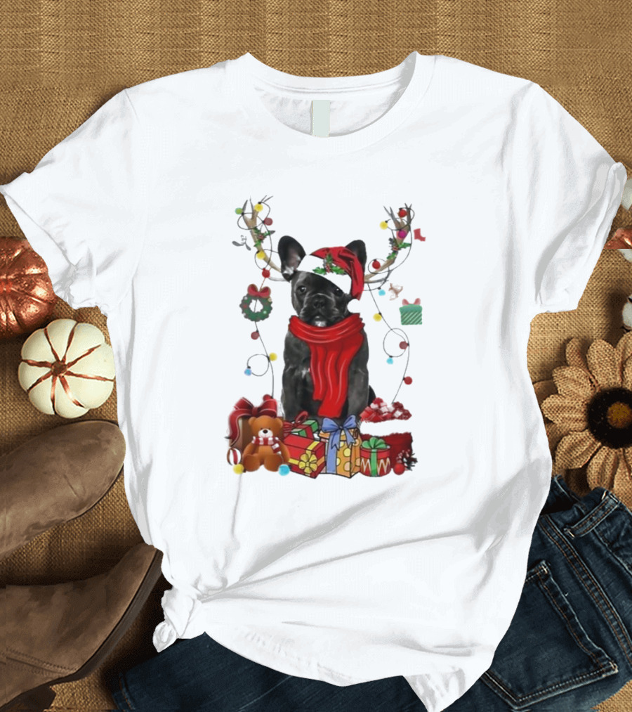 French Bulldog with Santa Hat Reindeer Antlers Xmas Lights and Gifts Merry Christmas T-Shirt