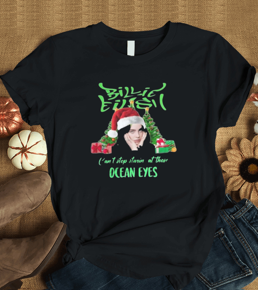 Billie Eilish Can't Stop Starin' At Those Ocean Eyes Christmas 2024 Santa Hat and Christmas Trees T-Shirt