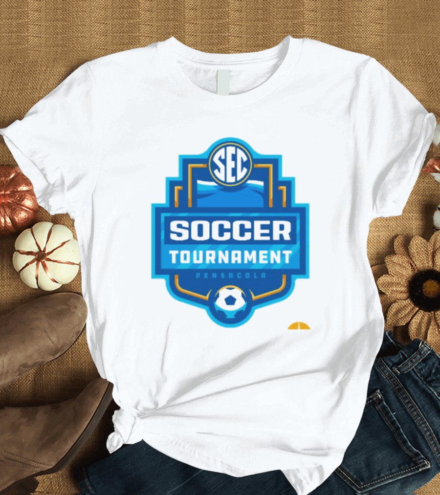 SEC Soccer Tournament Pensacola 2024 Emblem with Blue and Yellow Soccer Ball T-Shirt