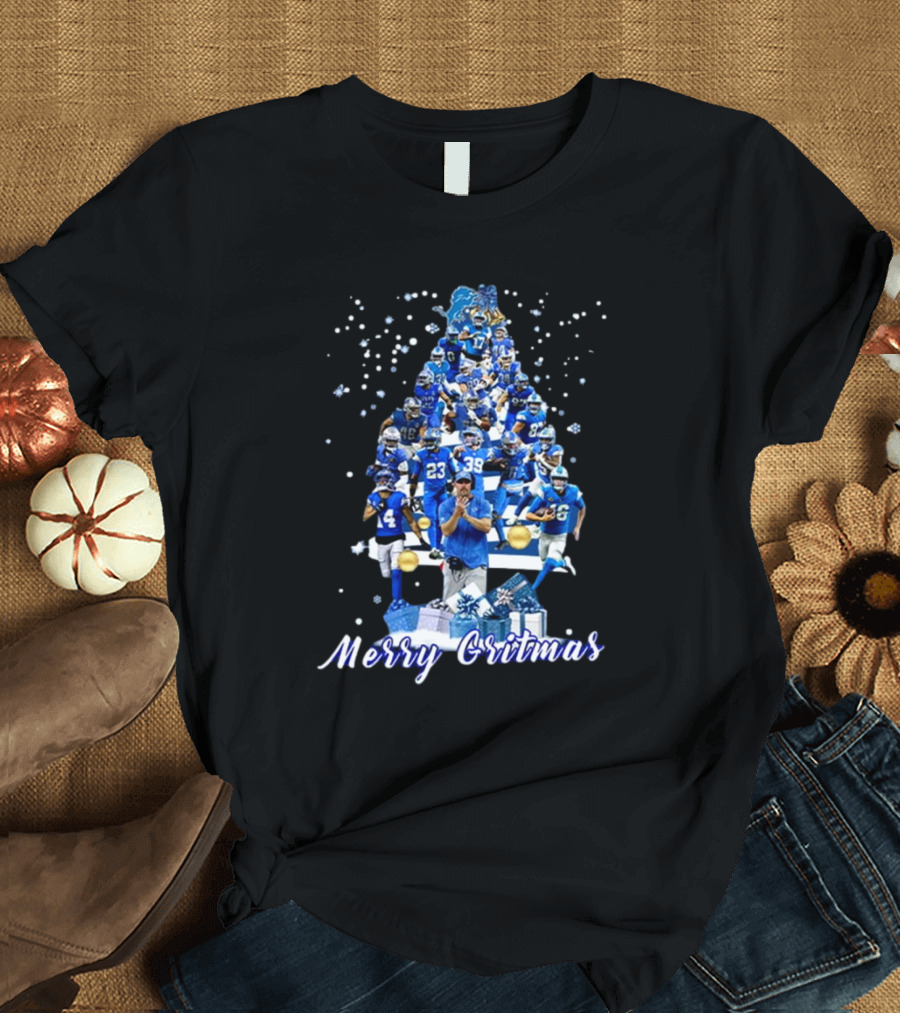 Detroit Lions Merry Gritmas NFL 2024 Christmas Tree Football Players T-Shirt