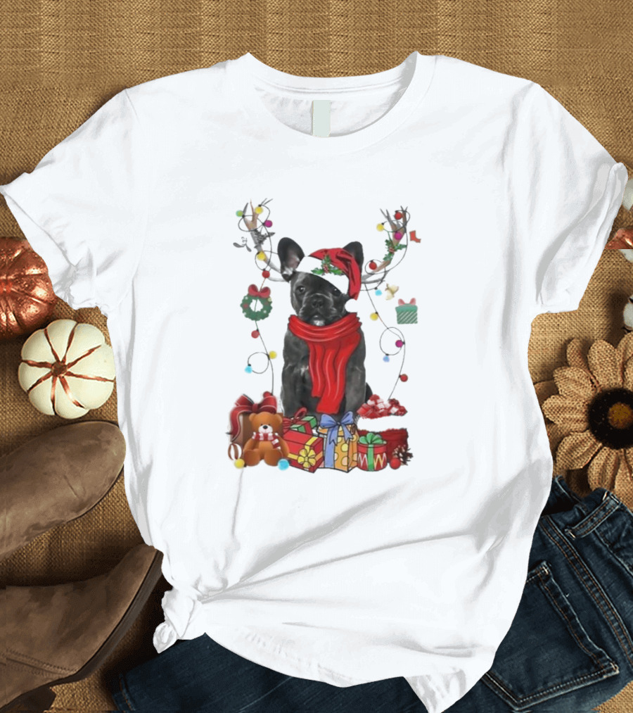 French Bulldog Reindeer Christmas Lights Merry Christmas Wreath Gifts T-Shirt