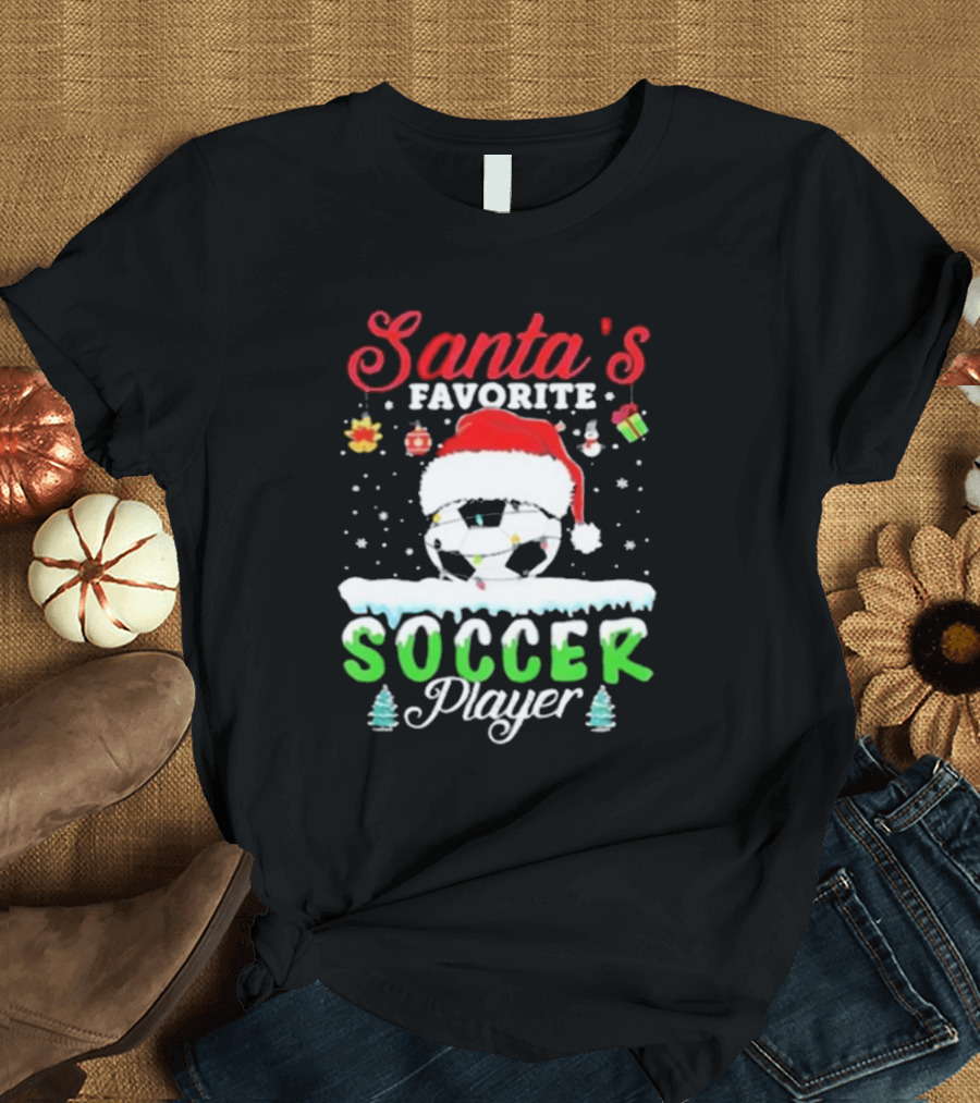 Santa's Favorite Soccer Player Christmas Football Soccer Ball Santa Hat Snowflakes T-Shirt