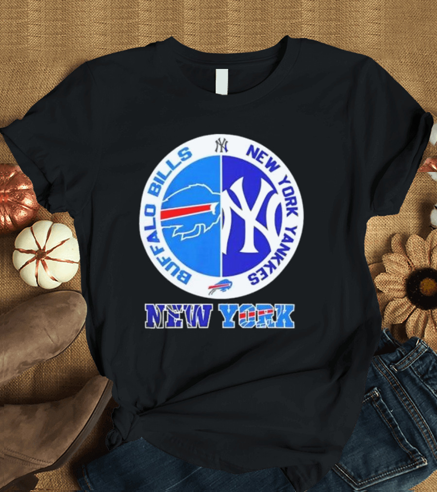 Buffalo Bills New York Yankees 2024 NY Iconic Crossover Circle Emblems T-Shirt