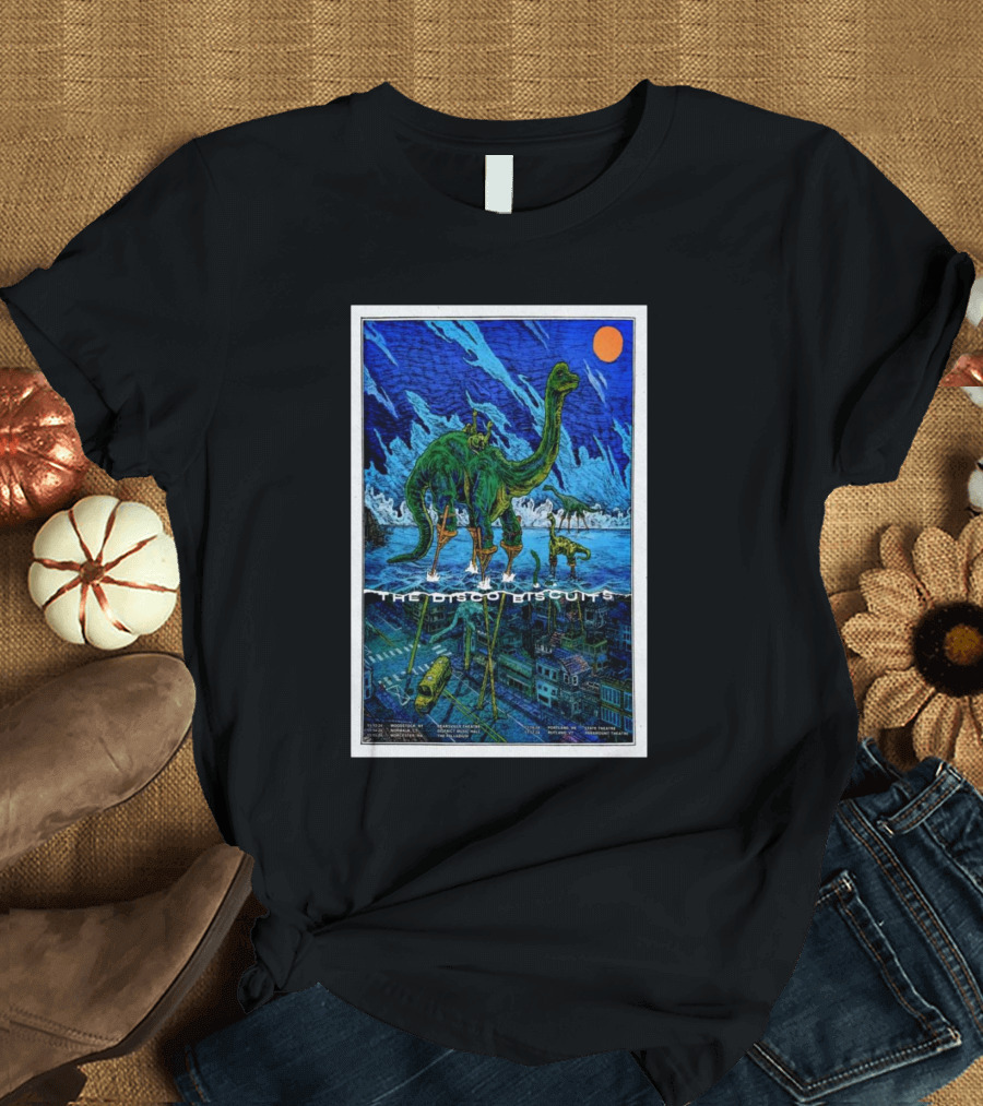 The Disco Biscuits November 2024 Show Dinosaur City Scene with Spaceman and Moon T-Shirt