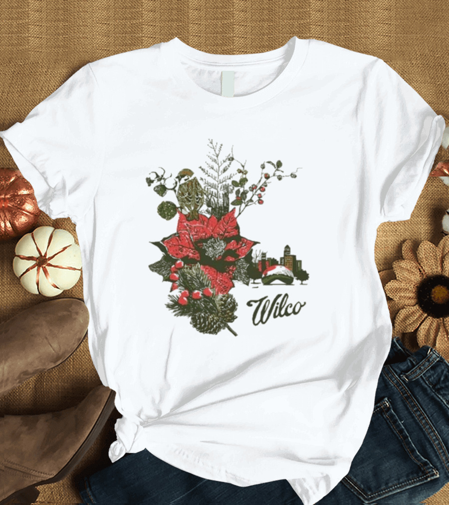 Wilco 2024 Holiday Poinsettia Scene with Skyline and Bird T-Shirt