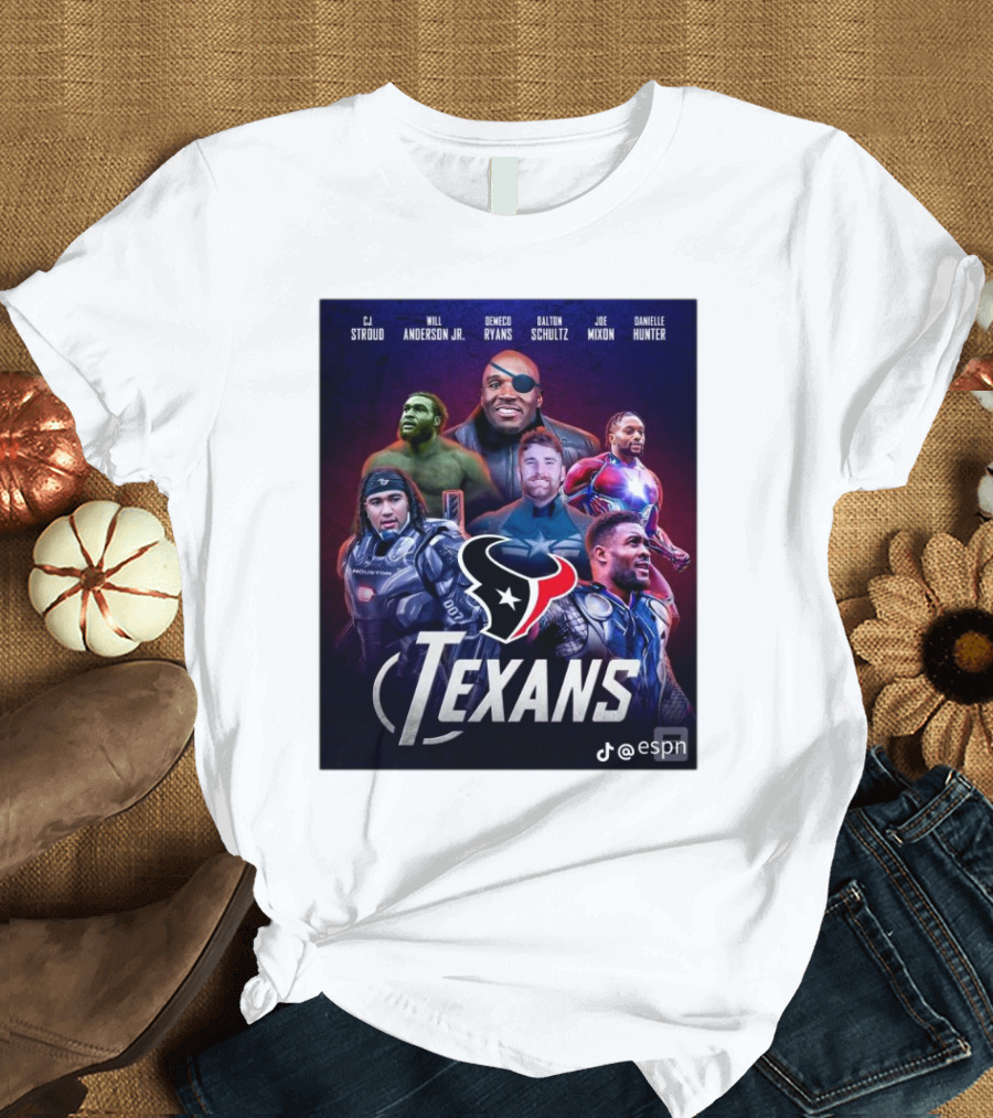 Houston Texans Marvel Crossover CJ Stroud Will Anderson Jr Demeco Ryans Dalton Schultz Joe Mixon Danielle Hunter T-Shirt