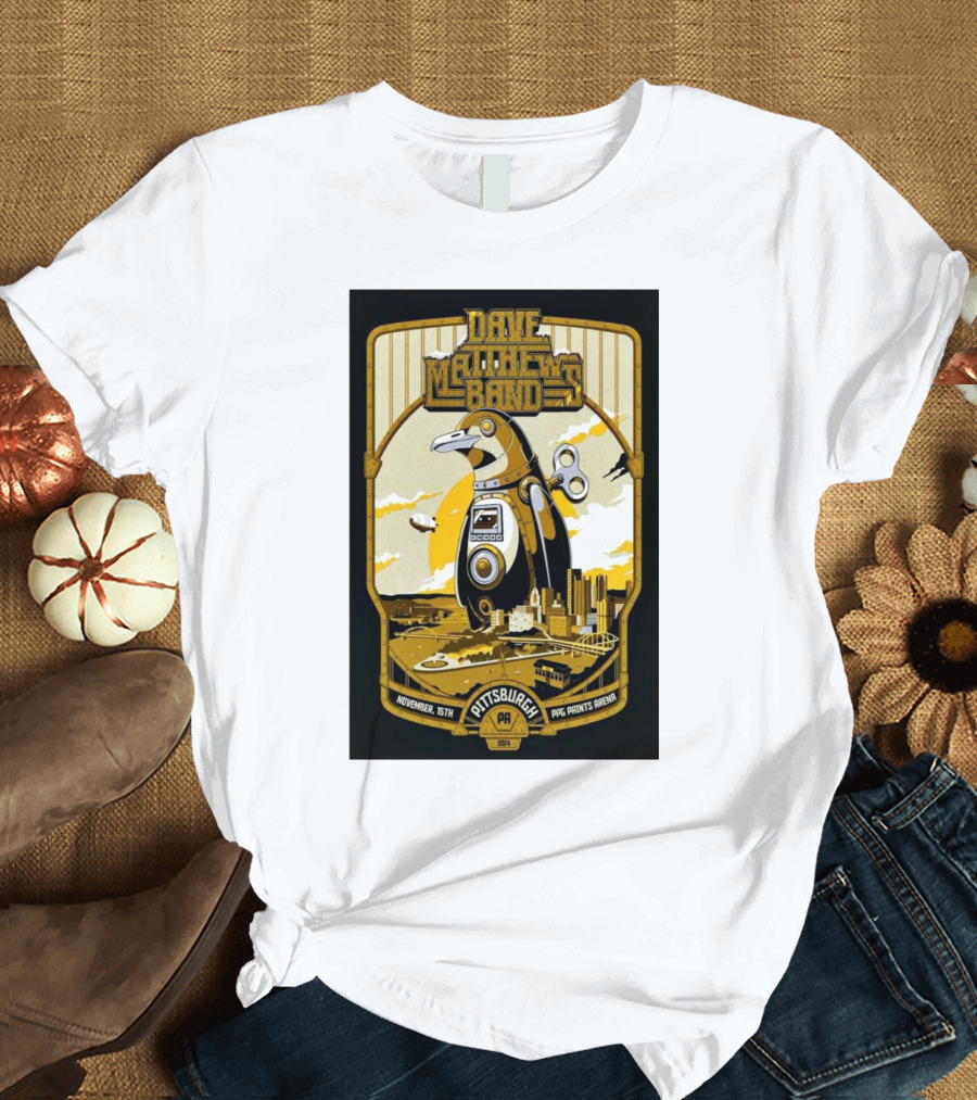 Dave Matthews Band Pittsburgh PA PPG Paints Arena November 15 2024 Penguin Illustration Skyline T-Shirt