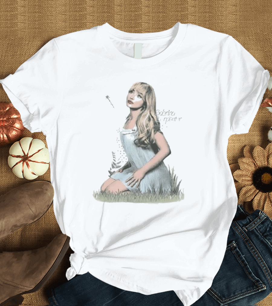 Sabrina Carpenter Sitting in Grass with Sparkle Wand and Flowing Hair T-Shirt