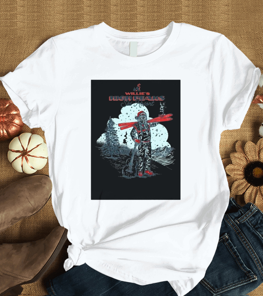 Willie Nelson Willie’s High Peaks Ski Resort 2024 Skis Guitar Moonlight Forest T-Shirt