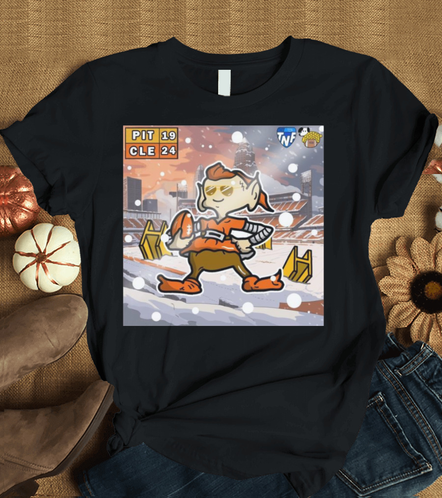 PIT 19 CLE 24 TNF Victory Cartoon Snowy Stadium Scene T-Shirt