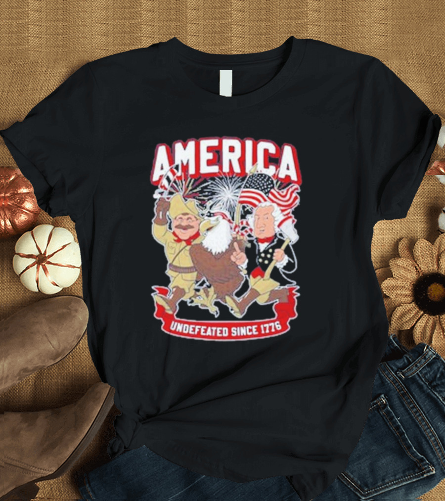 America Undefeated Since 1776 Patriotic Imagery with Eagle Fireworks Flags T-Shirt