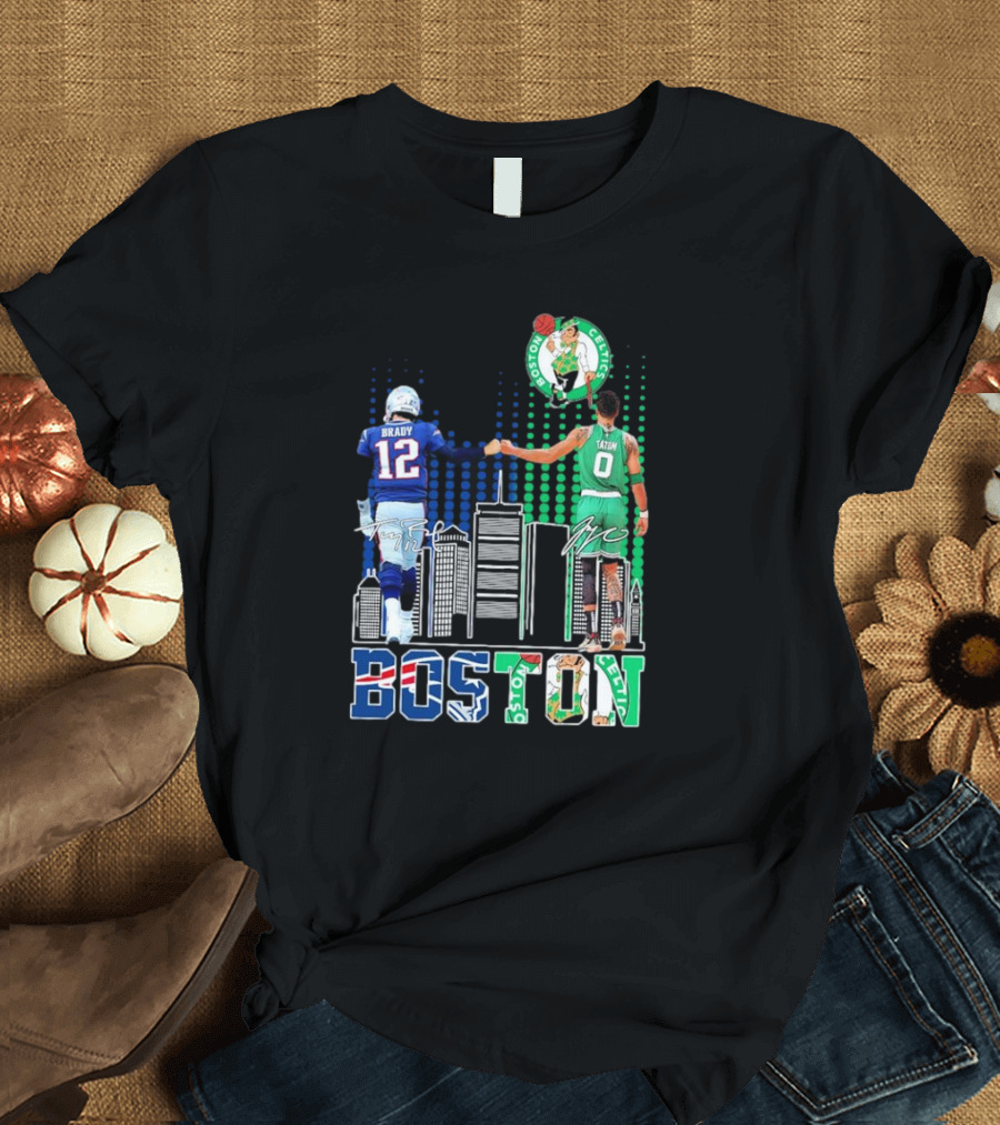 Boston Patriots and Celtics Skyline Featuring Tom Brady and Jayson Tatum Signatures T-Shirt