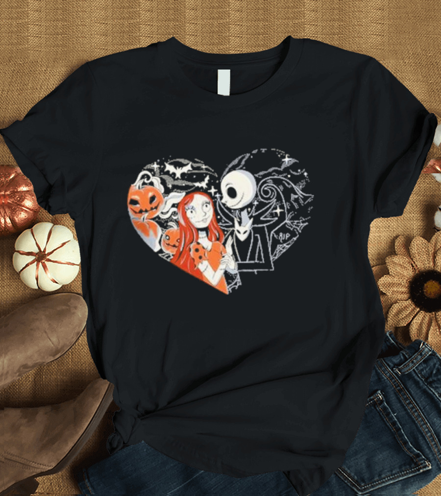 Jack and Sally Heart Halloween Studioyumie Bat Pumpkin Moon T-Shirt