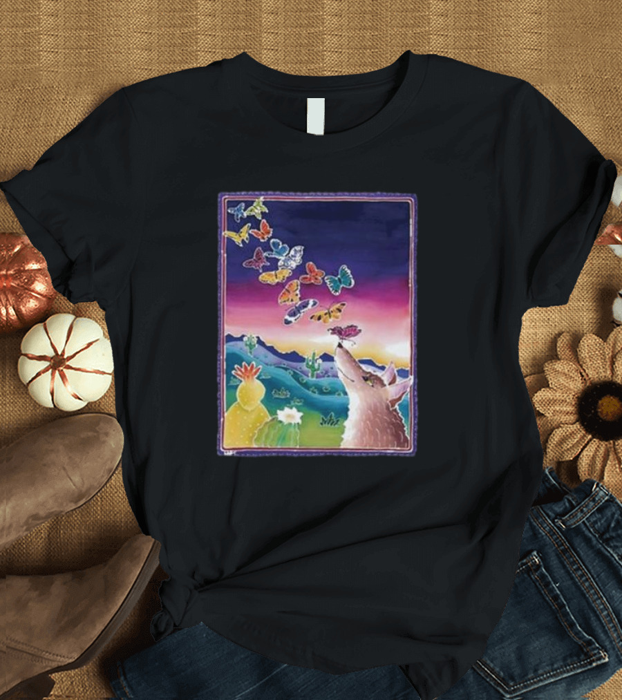 Jimmorris Smiles At Nature’s Wonders Colorful Desert Landscape With Coyote and Butterflies T-Shirt