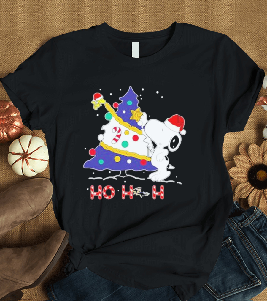 Ho Ho Ho Snoopy Woodstock Christmas Tree Baltimore Ravens T-Shirt