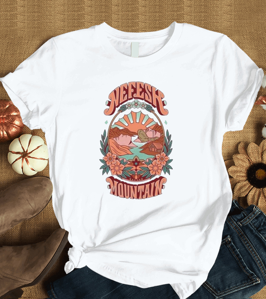 Nefesh Mountain Sunrise Scene with Cabin and Flowers T-Shirt