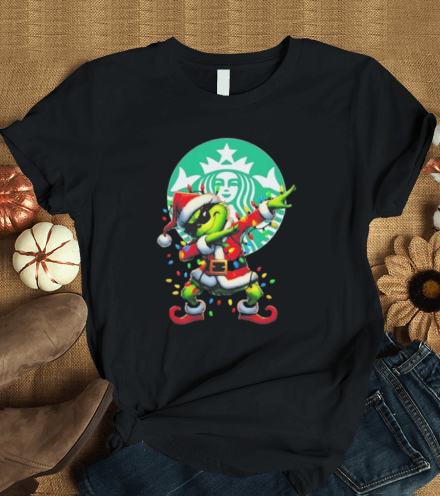 Santa Grinch Dabbing Starbucks Merry Christmas 2024 Celebration Iconic Pose T-Shirt