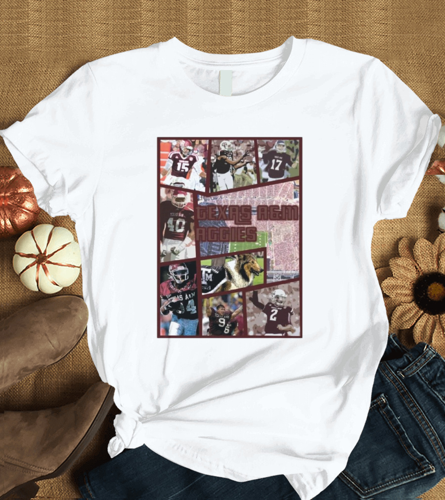 Texas A&M Aggies Football Collage Featuring Players and Mascot T-Shirt