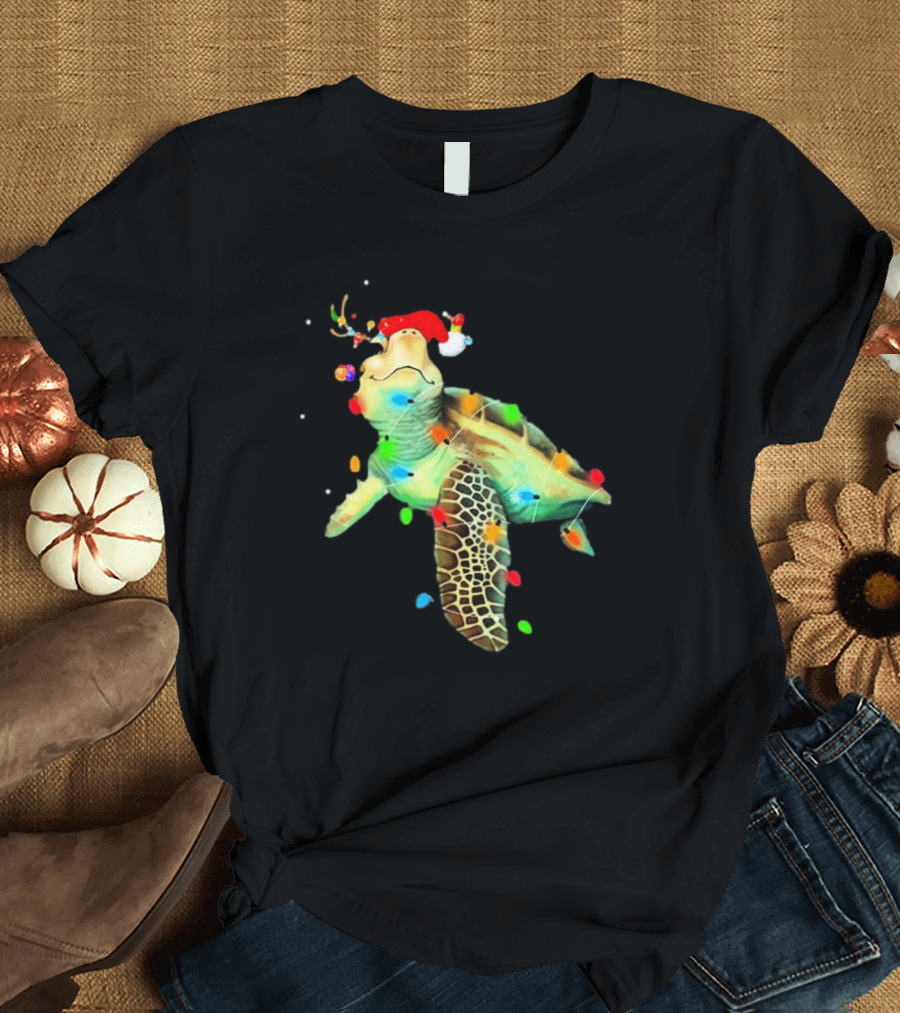 Sea Turtle Christmas Lights Santa Hat Merry Christmas T-Shirt