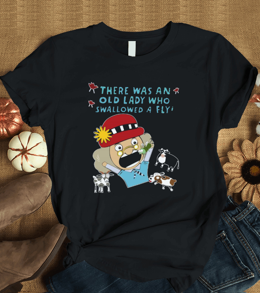 There Was An Old Lady Who Swallowed A Fly Black Funny Cartoon With Animals T-Shirt