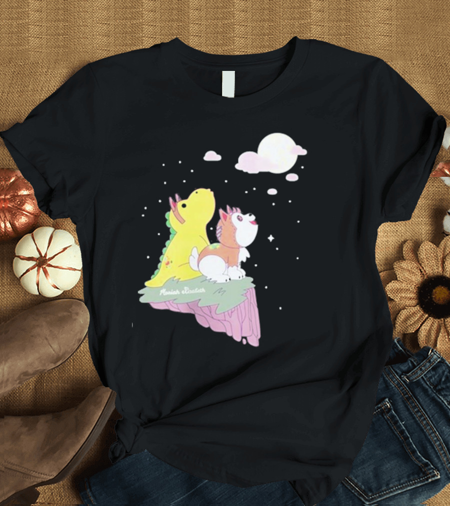 Moriah Elizabeth Howl-O-Ween Cute Dinosaur and Dog Moonlit Night Scene T-Shirt