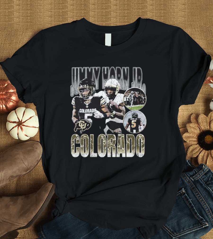 Jimmy Horn Jr. Colorado Buffaloes Football 90s Style with Team Action Shots T-Shirt