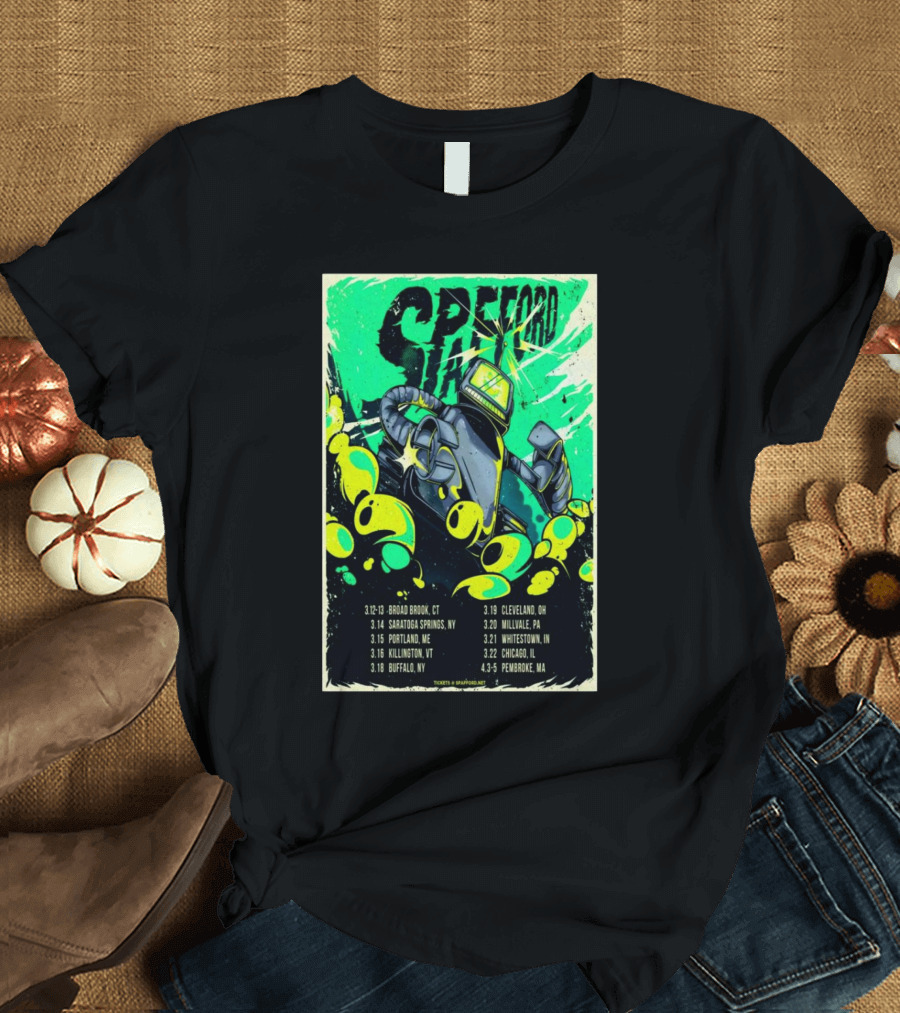 Spafford Tour 2025 Robot Poster with Dates Including Broad Brook CT and Saratoga Springs NY T-Shirt