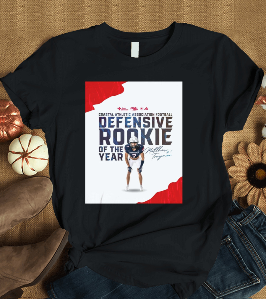 Coastal Athletic Association Football Defensive Rookie Of The Year Matthew Traynor Signature Richmond #2 Red Blue White Football Graphics T-Shirt