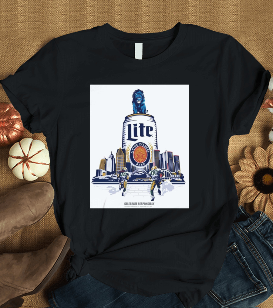 Detroit Lions Lite The Pilsner Beer Celebrate Responsibly 2024 Skyline Football T-Shirt