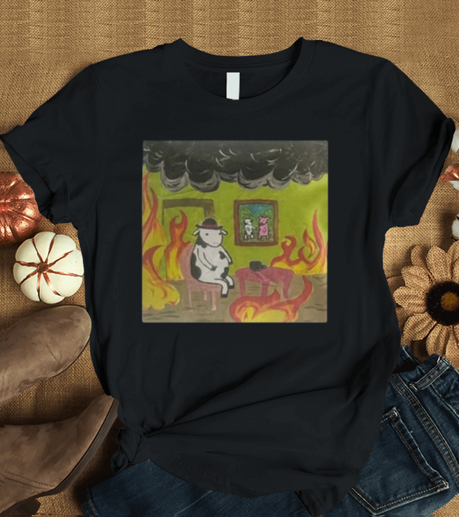 Leanbeeftees This Is Fine Cow Meme Parody in Burning Room Scene T-Shirt