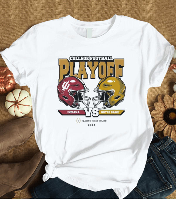 T-Shirt: Indiana Hoosiers Vs Notre Dame Fighting Irish College Football Playoff 2024 First Round Showdown T-Shirt Indiana Hoosiers Vs Notre Dame Fighting Irish College Football Playoff 2024 First Round Showdown T-Shirt
