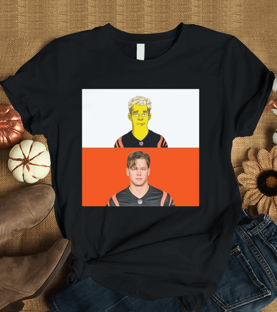 The Simpsons Styled Joe Burrow in Cincinnati Bengals NFL Comparison T-Shirt