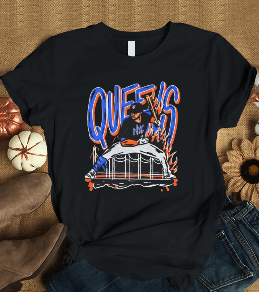 Queens NYC Mets Baseball Player Art with Bridge and Flames T-Shirt