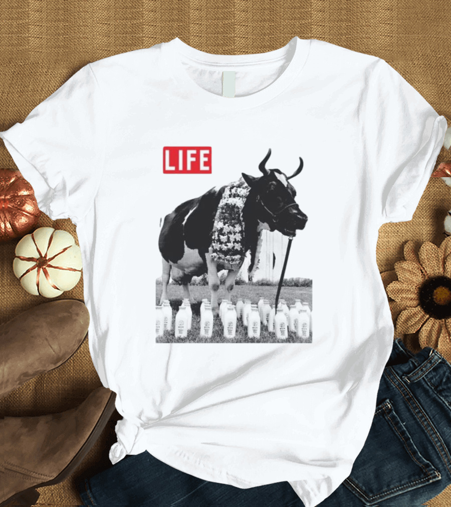 Life Magazine Cow with Milk Bottles and Floral Garland T-Shirt