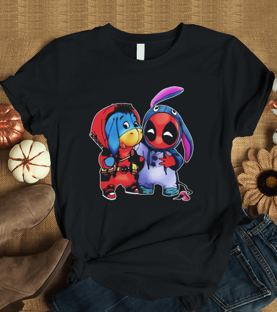 Baby Donkey and Deadpool in Cosplay Onesies with Bunny Ears and Red T-Shirt