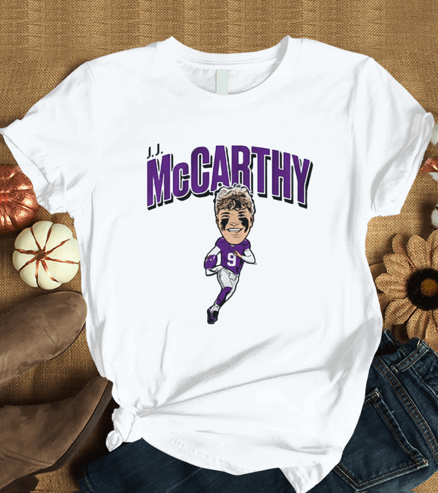 J.J. McCarthy 9 Running Quarterback Caricature T-Shirt